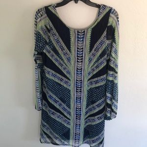 Vibrant blue and green patterned Fire Los Angeles stretch dress
